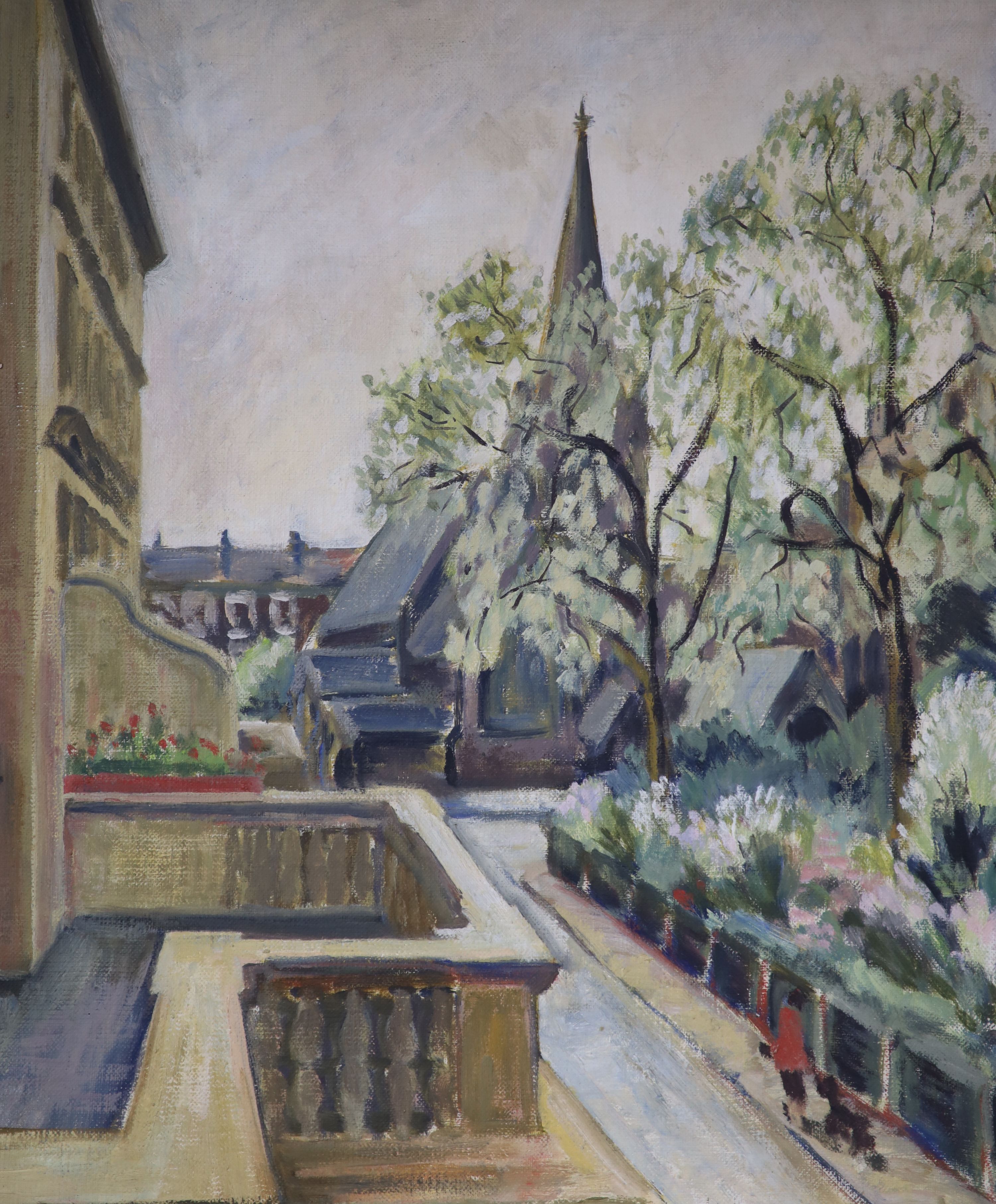 Elizabeth Goudge (1923-2020), oil on canvas, Warwick Square, an abstract verso, 55 x 45cm